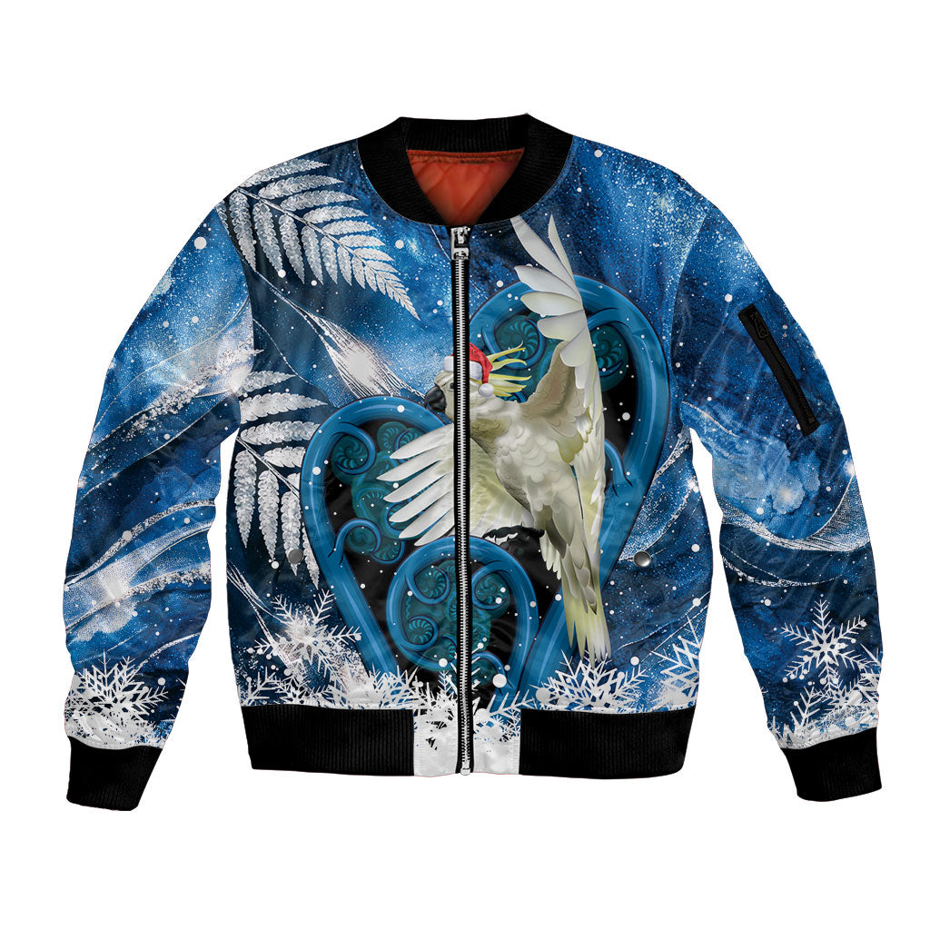 Sulphur-crested Cockatoo New Zealand Christmas In July Sleeve Zip Bomber Jacket NZ Aroha Koru Fern Marble Vibes