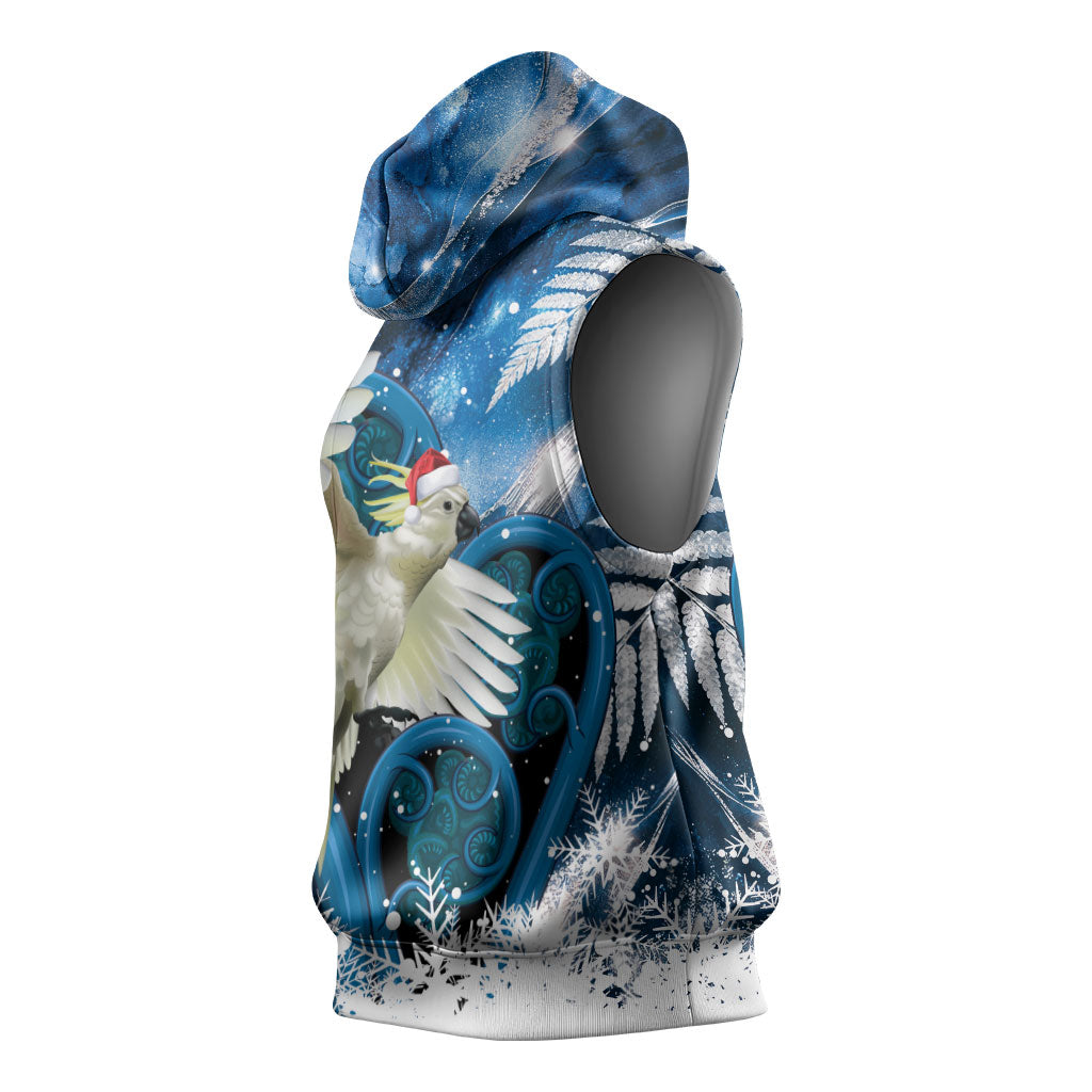 Sulphur-crested Cockatoo New Zealand Christmas In July Sleeveless Hoodie NZ Aroha Koru Fern Marble Vibes