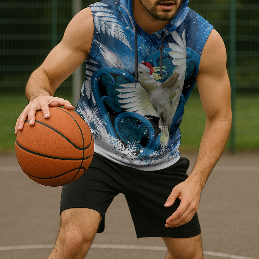 Sulphur-crested Cockatoo New Zealand Christmas In July Sleeveless Hoodie NZ Aroha Koru Fern Marble Vibes