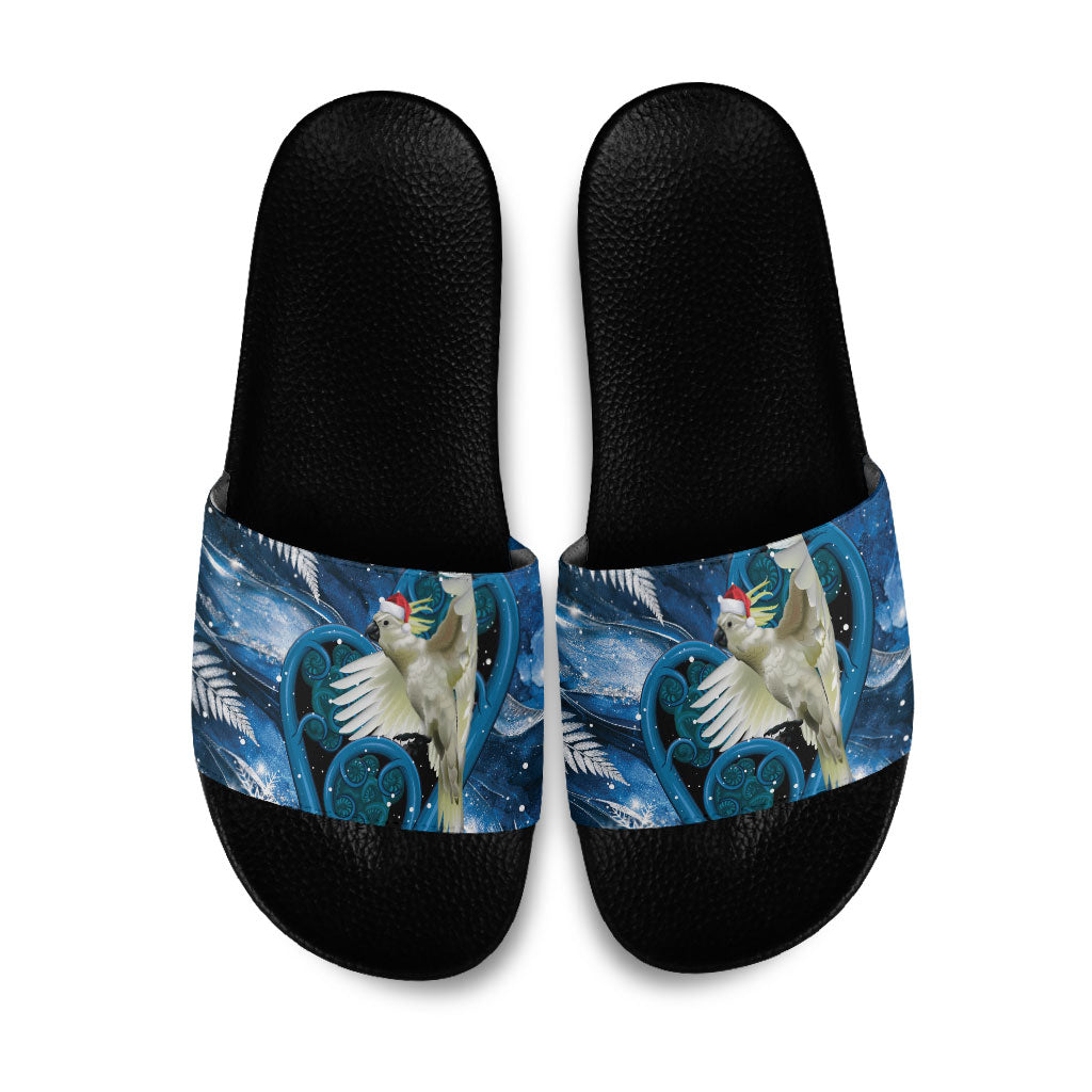 Sulphur-crested Cockatoo New Zealand Christmas In July Slide Sandals NZ Aroha Koru Fern Marble Vibes