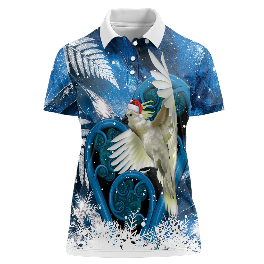 Sulphur-crested Cockatoo New Zealand Christmas In July Women Polo Shirt NZ Aroha Koru Fern Marble Vibes