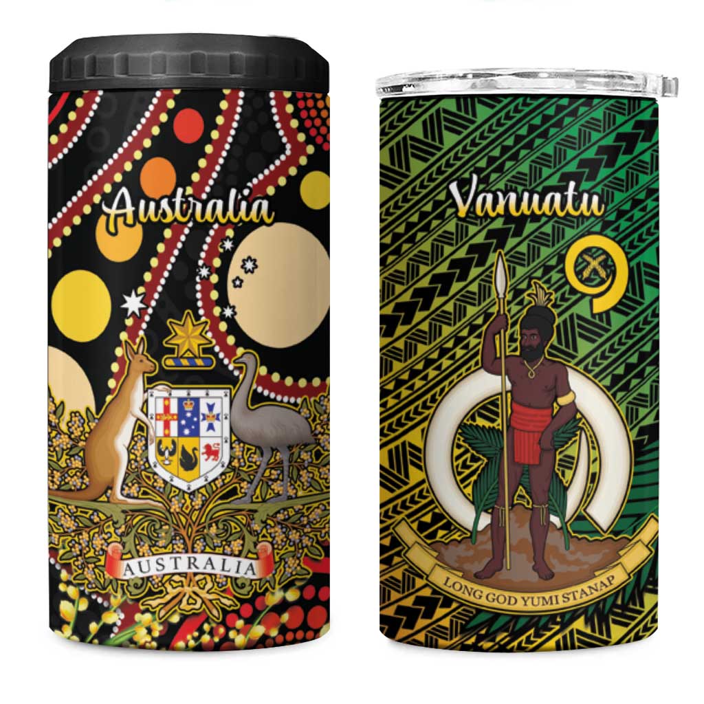 Vanuatu and Australia 4 in 1 Can Cooler Tumbler Vanuatuan Polynesian Mix Aussie Aboriginal Art