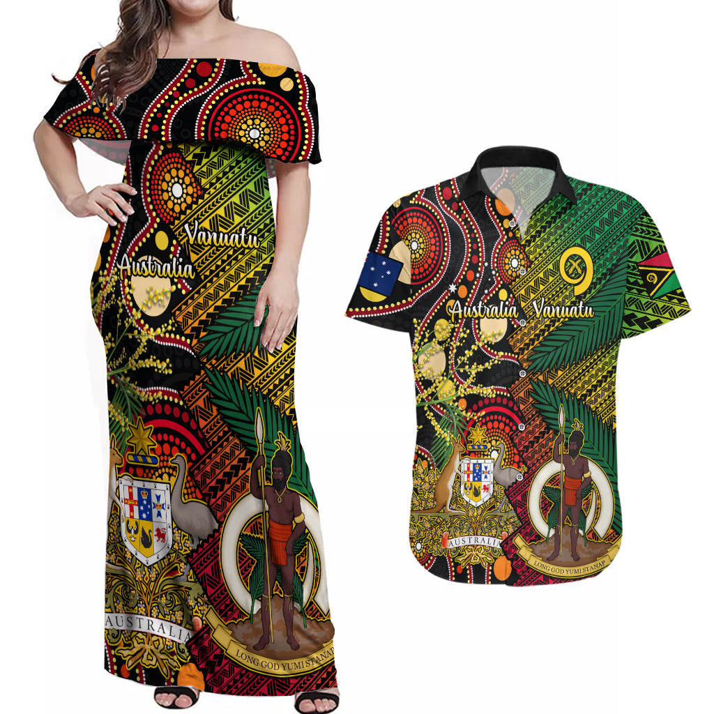 Vanuatu and Australia Couples Matching Off Shoulder Maxi Dress and Hawaiian Shirt Vanuatuan Polynesian Mix Aussie Aboriginal Art LT14 Black - Polynesian Pride