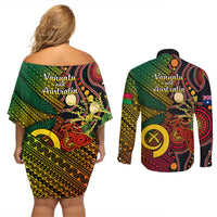 Vanuatu and Australia Couples Matching Off Shoulder Short Dress and Long Sleeve Button Shirts Vanuatuan Polynesian Mix Aussie Aboriginal Art LT14 - Polynesian Pride