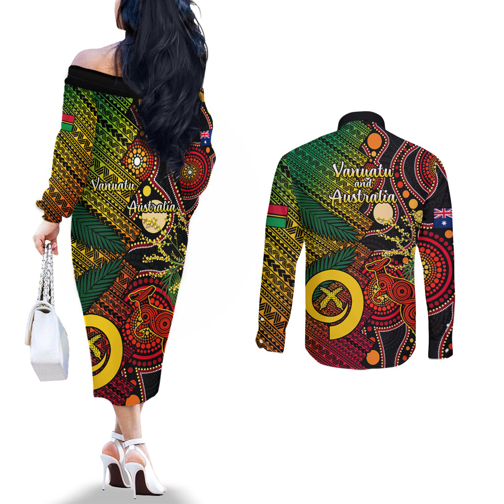 Vanuatu and Australia Couples Matching Off The Shoulder Long Sleeve Dress and Long Sleeve Button Shirts Vanuatuan Polynesian Mix Aussie Aboriginal Art LT14 - Polynesian Pride
