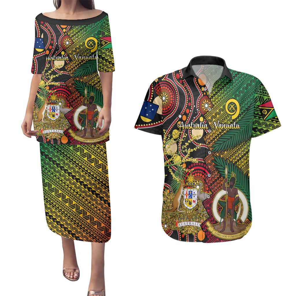 Vanuatu and Australia Couples Matching Puletasi Dress and Hawaiian Shirt Vanuatuan Polynesian Mix Aussie Aboriginal Art LT14 Black - Polynesian Pride