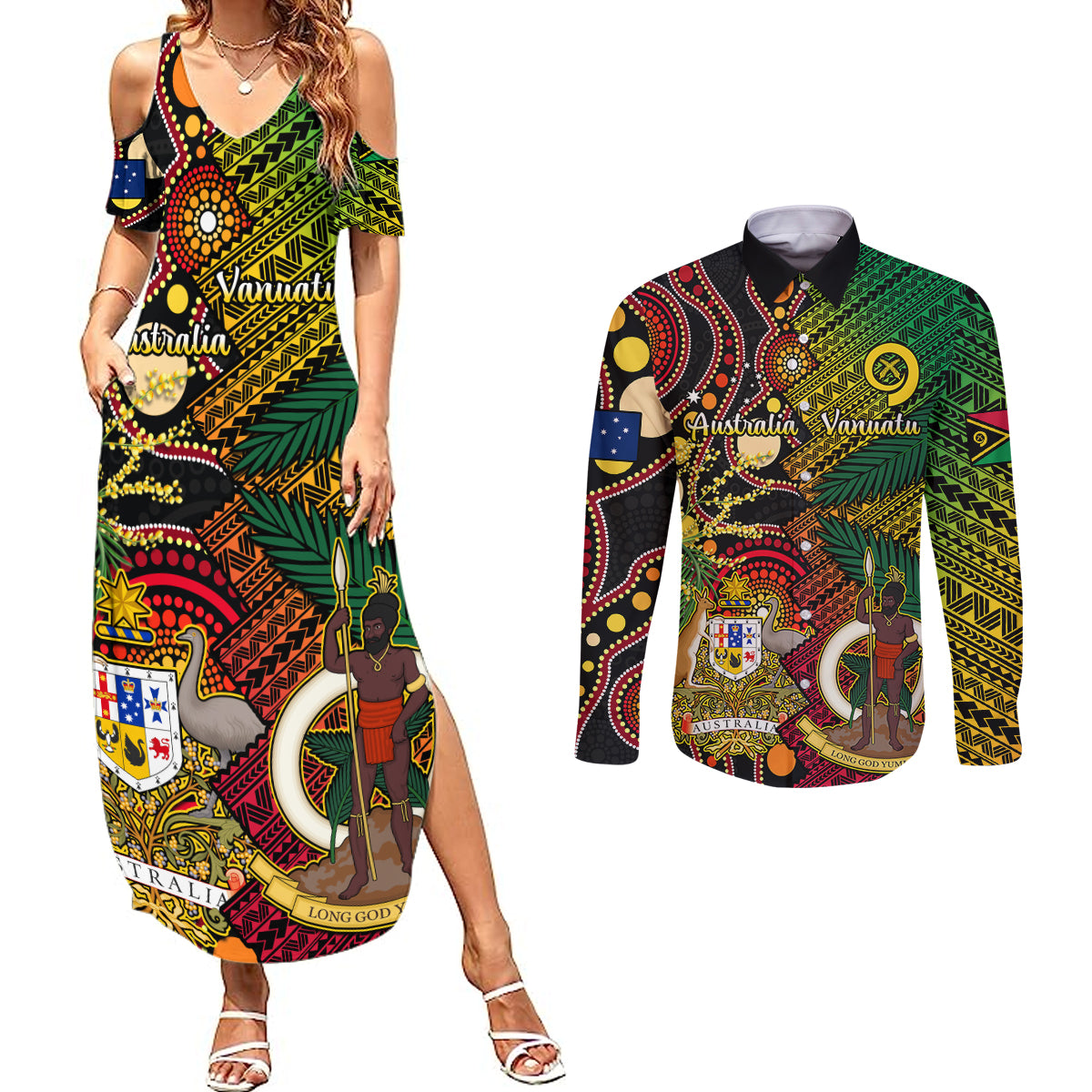 Vanuatu and Australia Couples Matching Summer Maxi Dress and Long Sleeve Button Shirts Vanuatuan Polynesian Mix Aussie Aboriginal Art LT14 Black - Polynesian Pride