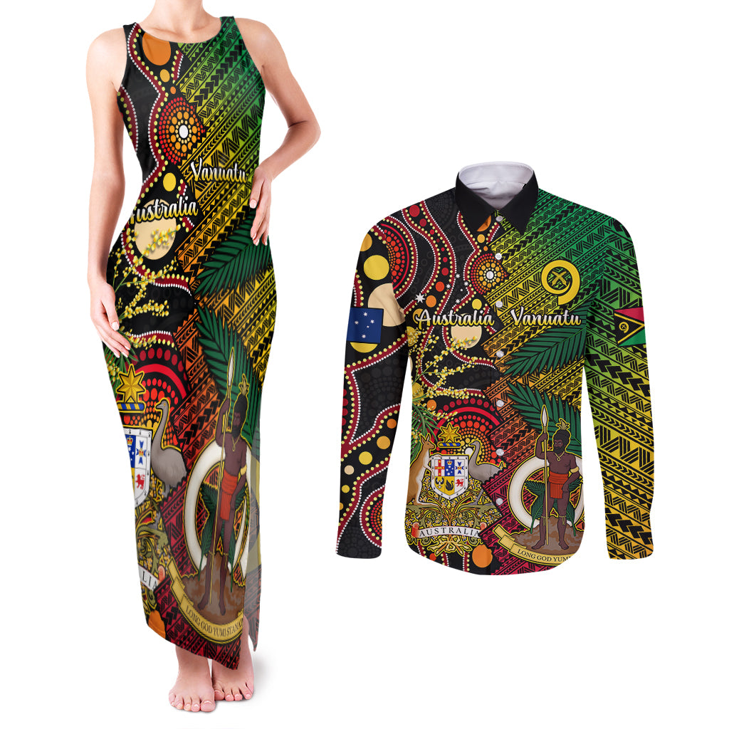 Vanuatu and Australia Couples Matching Tank Maxi Dress and Long Sleeve Button Shirts Vanuatuan Polynesian Mix Aussie Aboriginal Art LT14 Black - Polynesian Pride