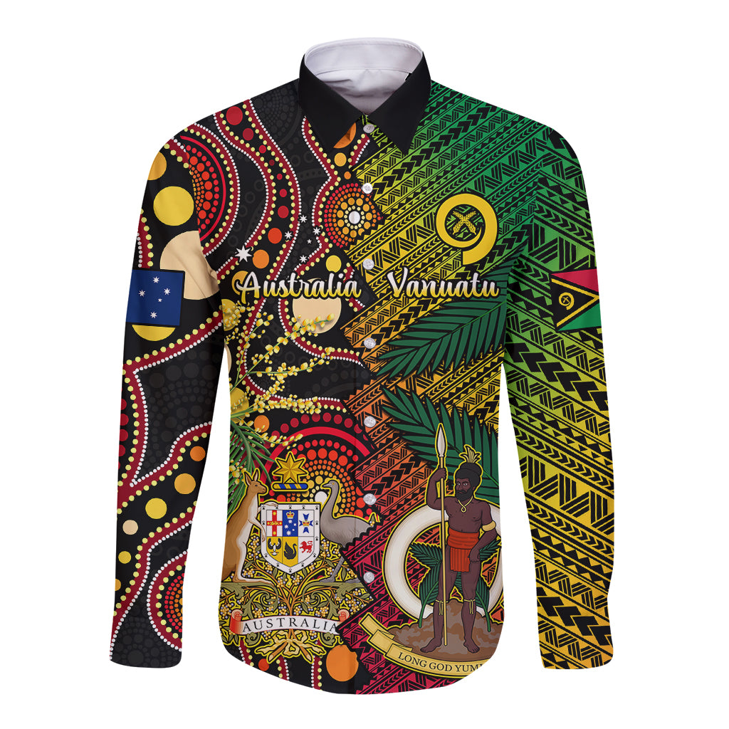Vanuatu and Australia Long Sleeve Button Shirt Vanuatuan Polynesian Mix Aussie Aboriginal Art LT14 Unisex Black - Polynesian Pride