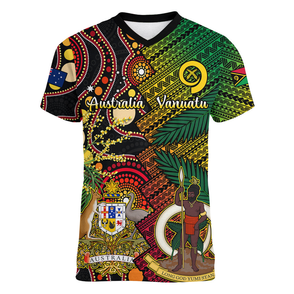 Vanuatu and Australia Women V Neck T Shirt Vanuatuan Polynesian Mix Aussie Aboriginal Art LT14 Female Black - Polynesian Pride