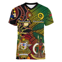 Vanuatu and Australia Women V Neck T Shirt Vanuatuan Polynesian Mix Aussie Aboriginal Art LT14 Female Black - Polynesian Pride