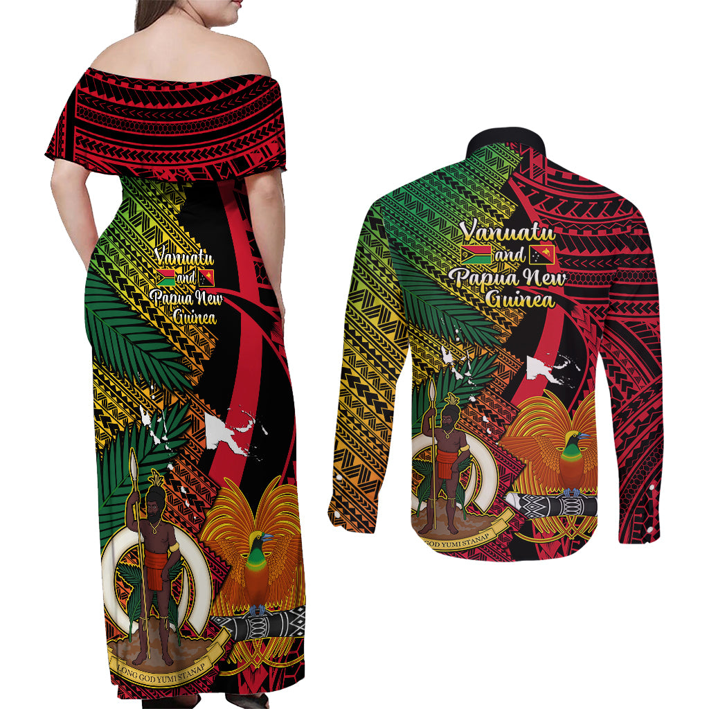 Vanuatu and Papua New Guinea Couples Matching Off Shoulder Maxi Dress and Long Sleeve Button Shirts Vanuatuan With PNG Polynesian Pattern LT14 - Polynesian Pride