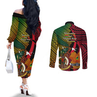 Vanuatu and Papua New Guinea Couples Matching Off The Shoulder Long Sleeve Dress and Long Sleeve Button Shirts Vanuatuan With PNG Polynesian Pattern LT14 - Polynesian Pride