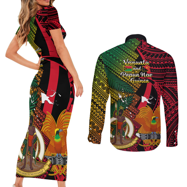 Vanuatu Torba Province Couples Matching Off Shoulder Short Dress and Long Sleeve Button Shirts Vanuatuan Coat Of Arms Polynesian Pattern LT05 main image 0