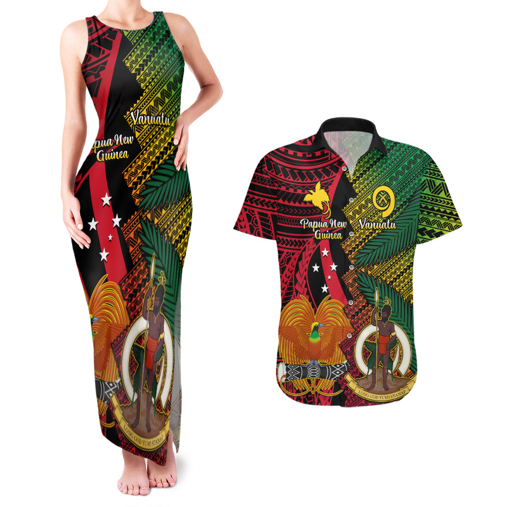 Vanuatu and Papua New Guinea Couples Matching Tank Maxi Dress And Hawaiian Shirt Vanuatuan With PNG Polynesian Pattern LT14 Black - Polynesian Pride