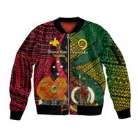 Vanuatu and Papua New Guinea Sleeve Zip Bomber Jacket Vanuatuan With PNG Polynesian Pattern LT14 Unisex Black - Polynesian Pride