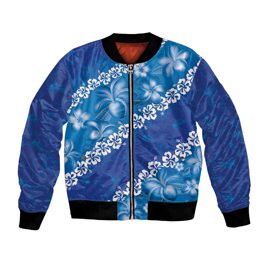 Vintage Blue Polynesia Bomber Jacket Plumeria With Hibiscus Tropical Vibes LT14 Unisex Blue - Polynesian Pride