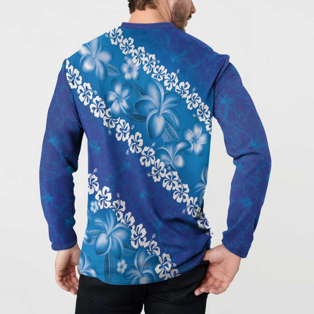 Vintage Blue Polynesia Button Sweatshirt Plumeria With Hibiscus Tropical Vibes LT14 - Polynesian Pride