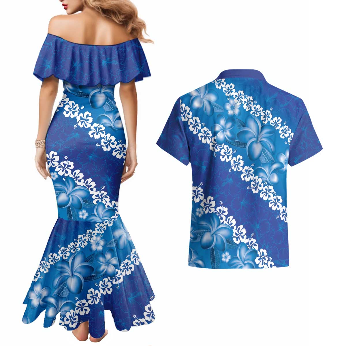 Vintage Blue Polynesia Couples Matching Mermaid Dress and Hawaiian Shirt Plumeria With Hibiscus Tropical Vibes