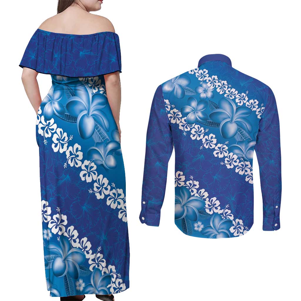 Vintage Blue Polynesia Couples Matching Off Shoulder Maxi Dress and Long Sleeve Button Shirt Plumeria With Hibiscus Tropical Vibes