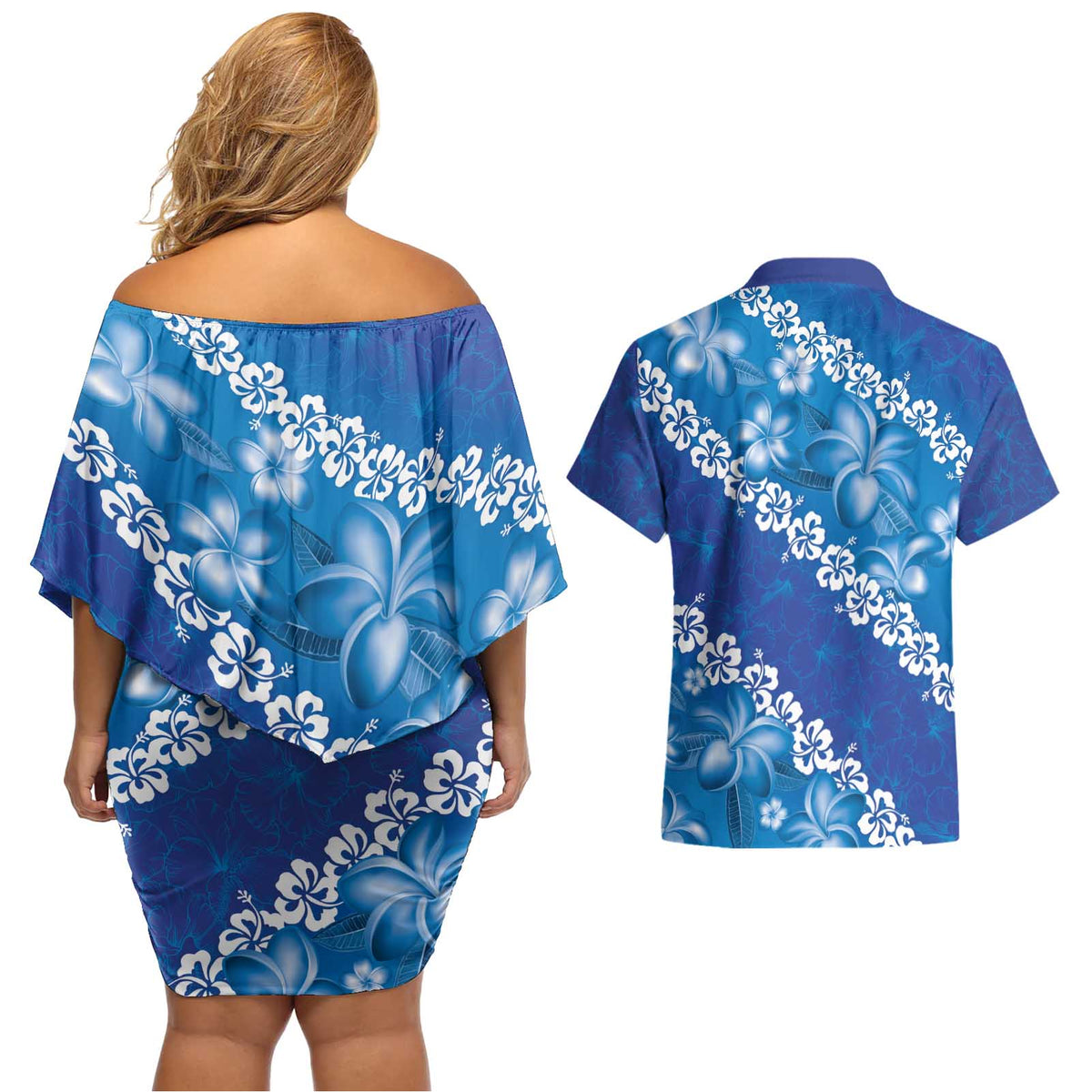 Vintage Blue Polynesia Couples Matching Off Shoulder Short Dress and Hawaiian Shirt Plumeria With Hibiscus Tropical Vibes