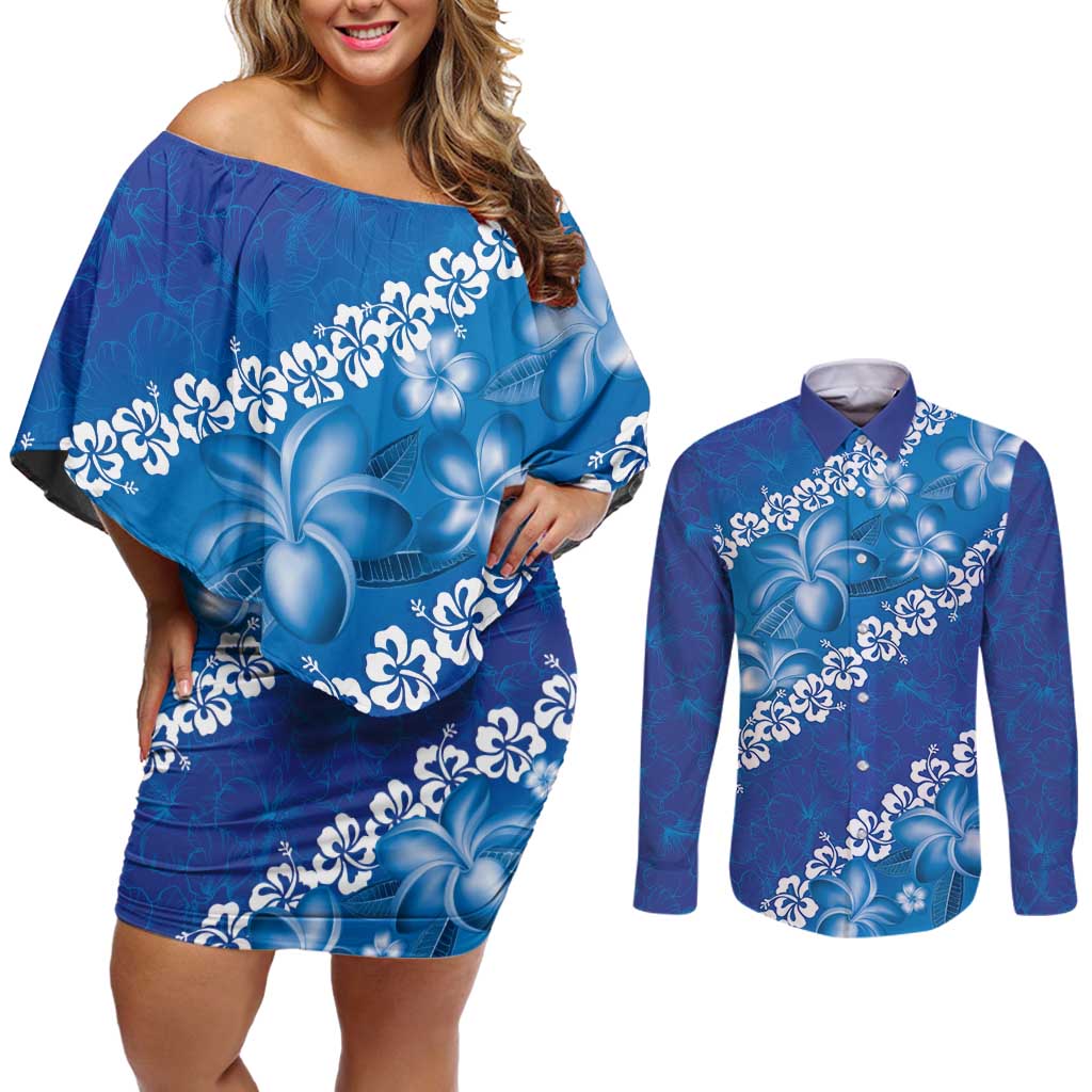 Vintage Blue Polynesia Couples Matching Off Shoulder Short Dress and Long Sleeve Button Shirt Plumeria With Hibiscus Tropical Vibes