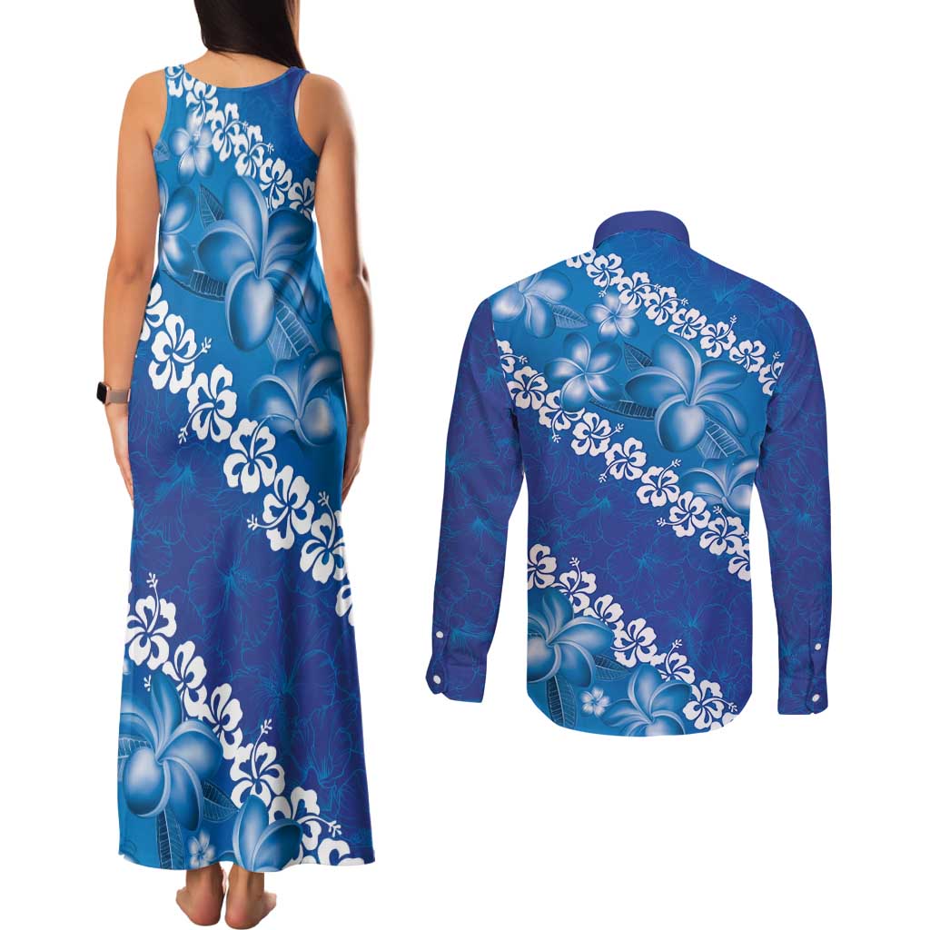 Vintage Blue Polynesia Couples Matching Tank Maxi Dress and Long Sleeve Button Shirt Plumeria With Hibiscus Tropical Vibes