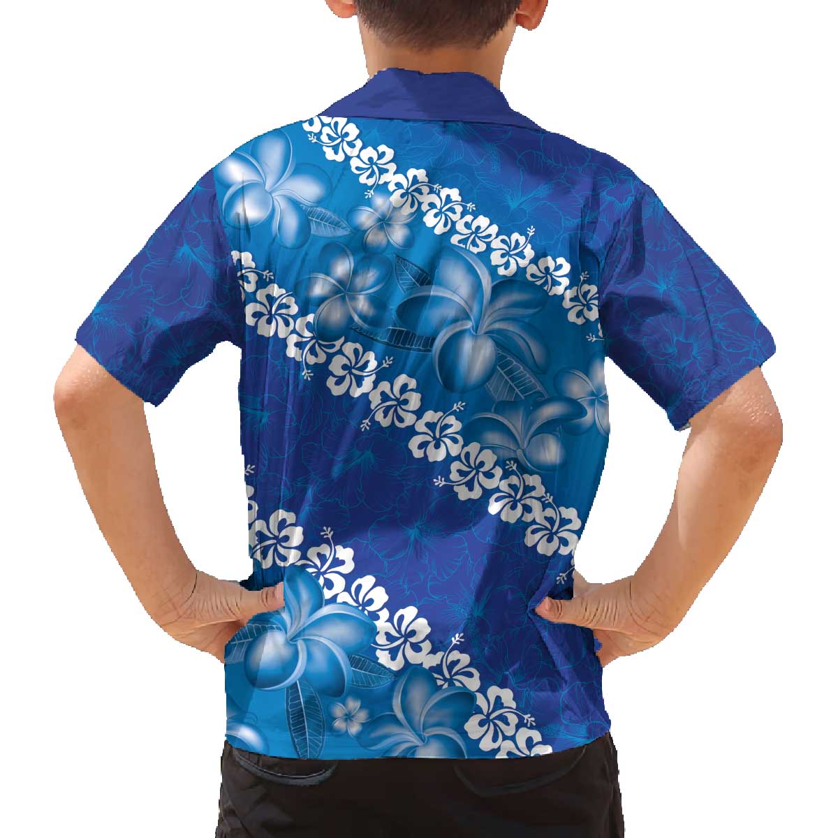 Vintage Blue Polynesia Family Matching Off The Shoulder Long Sleeve Dress and Hawaiian Shirt Plumeria With Hibiscus Tropical Vibes
