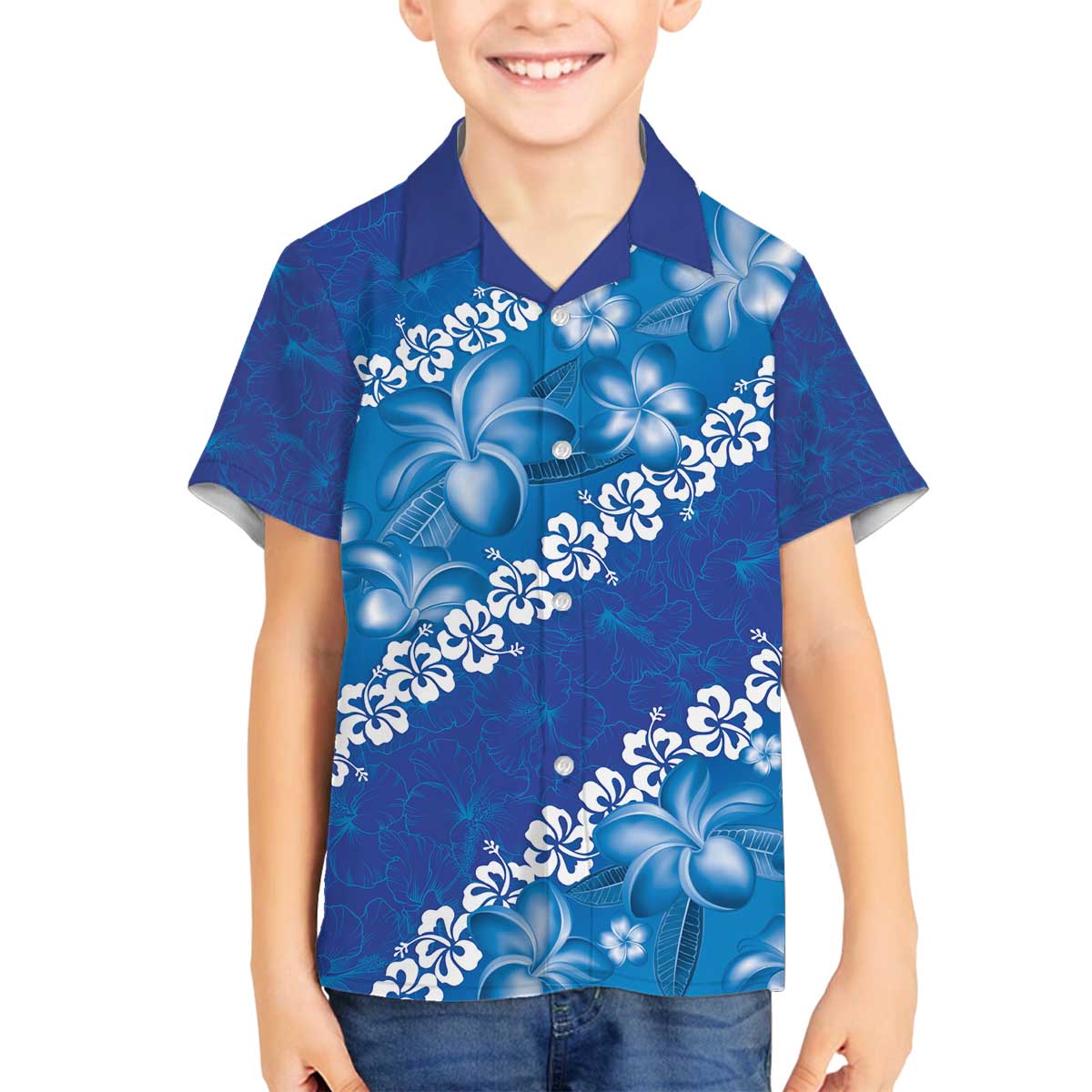 Vintage Blue Polynesia Family Matching Off The Shoulder Long Sleeve Dress and Hawaiian Shirt Plumeria With Hibiscus Tropical Vibes