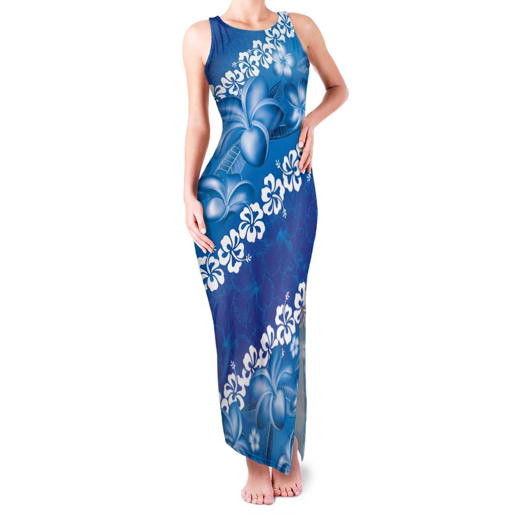 Vintage Blue Polynesia Family Matching Tank Maxi Dress and Hawaiian Shirt Plumeria With Hibiscus Tropical Vibes