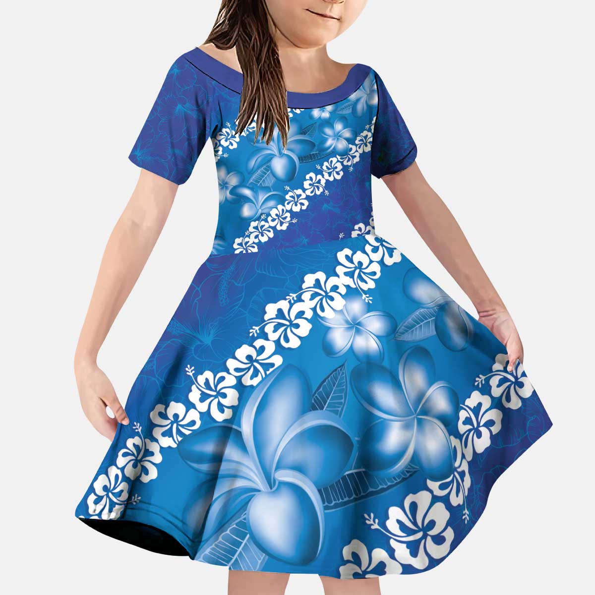 Vintage Blue Polynesia Kid Short Sleeve Dress Plumeria With Hibiscus Tropical Vibes
