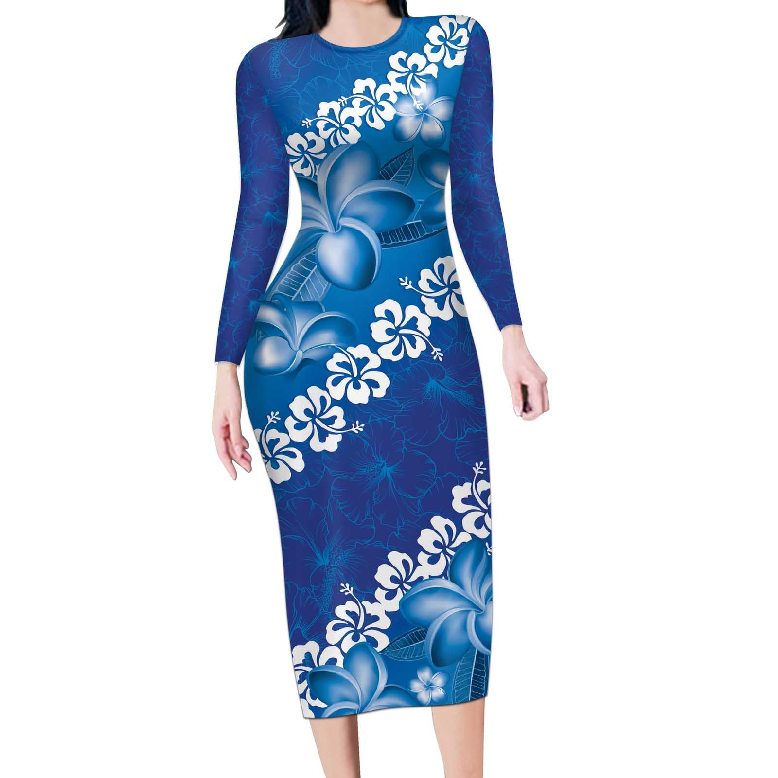Vintage Blue Polynesia Long Sleeve Bodycon Dress Plumeria With Hibiscus Tropical Vibes LT14 Long Dress Blue - Polynesian Pride