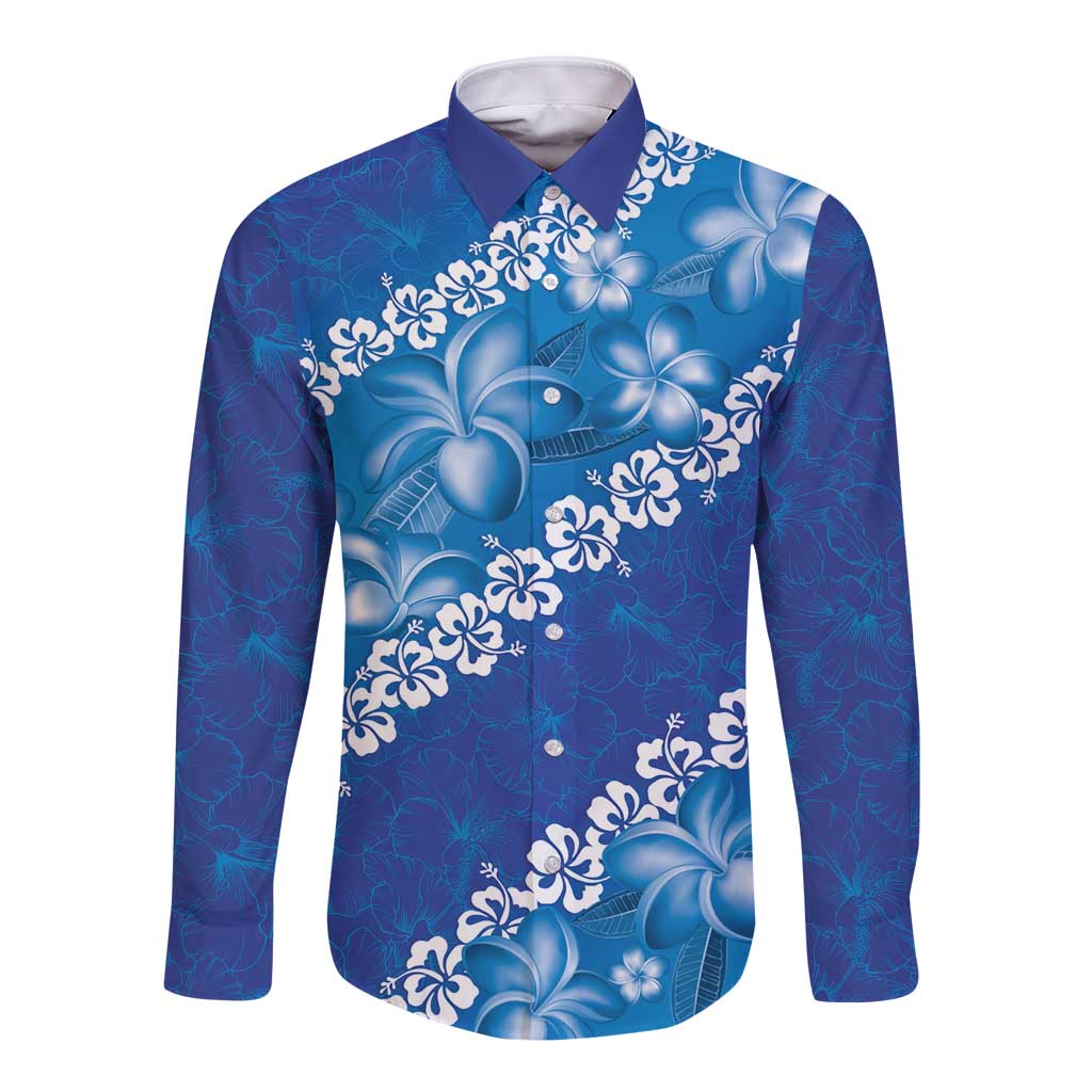 Vintage Blue Polynesia Long Sleeve Button Shirt Plumeria With Hibiscus Tropical Vibes LT14 Unisex Blue - Polynesian Pride
