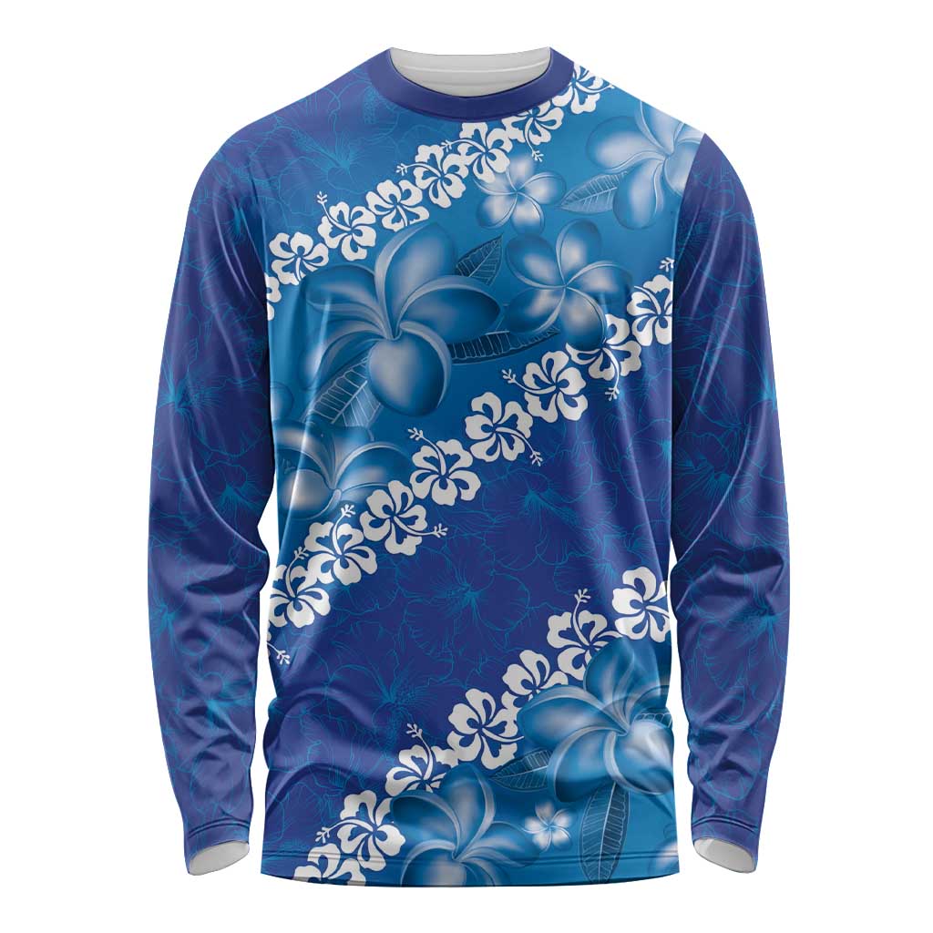 Vintage Blue Polynesia Long Sleeve Shirt Plumeria With Hibiscus Tropical Vibes LT14 Unisex Blue - Polynesian Pride