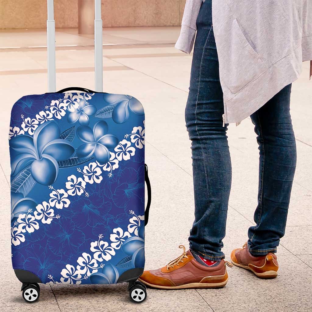 Vintage Blue Polynesia Luggage Cover Plumeria With Hibiscus Tropical Vibes LT14 Blue - Polynesian Pride