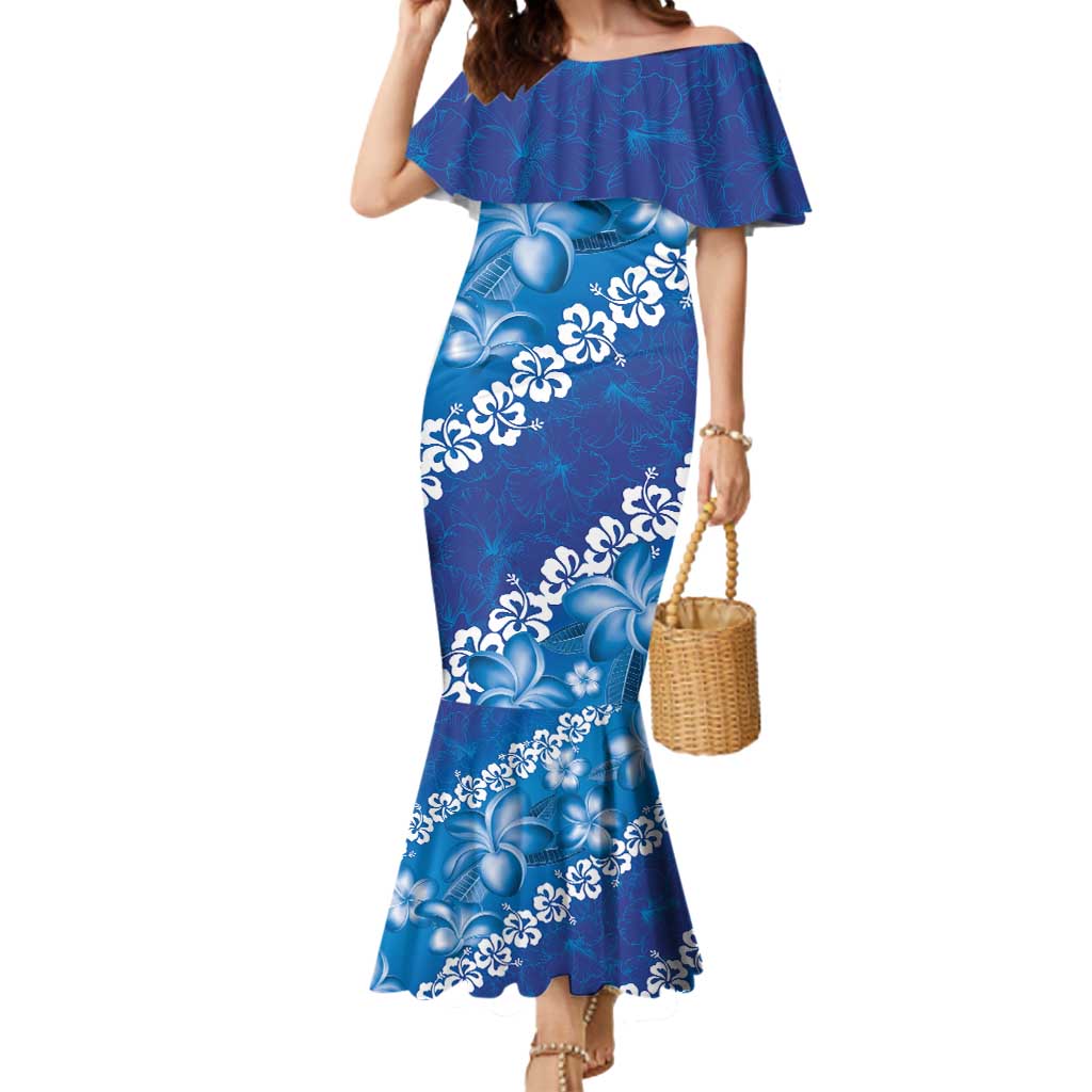 Vintage Blue Polynesia Mermaid Dress Plumeria With Hibiscus Tropical Vibes LT14 Women Blue - Polynesian Pride