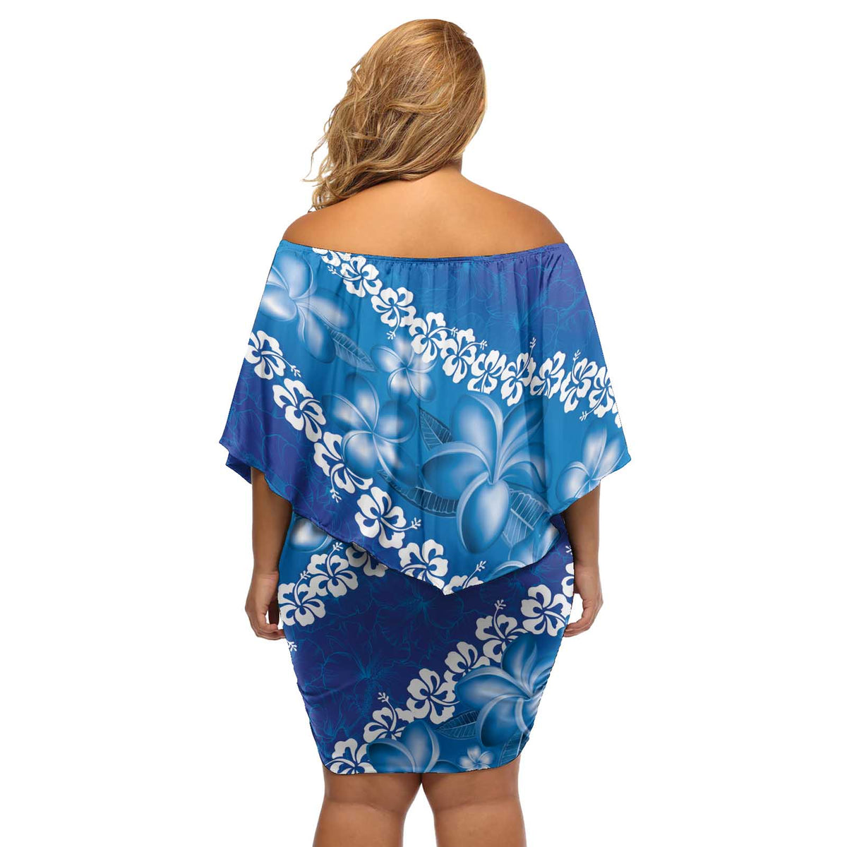 Vintage Blue Polynesia Off Shoulder Short Dress Plumeria With Hibiscus Tropical Vibes