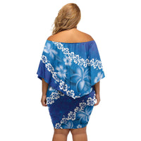 Vintage Blue Polynesia Off Shoulder Short Dress Plumeria With Hibiscus Tropical Vibes