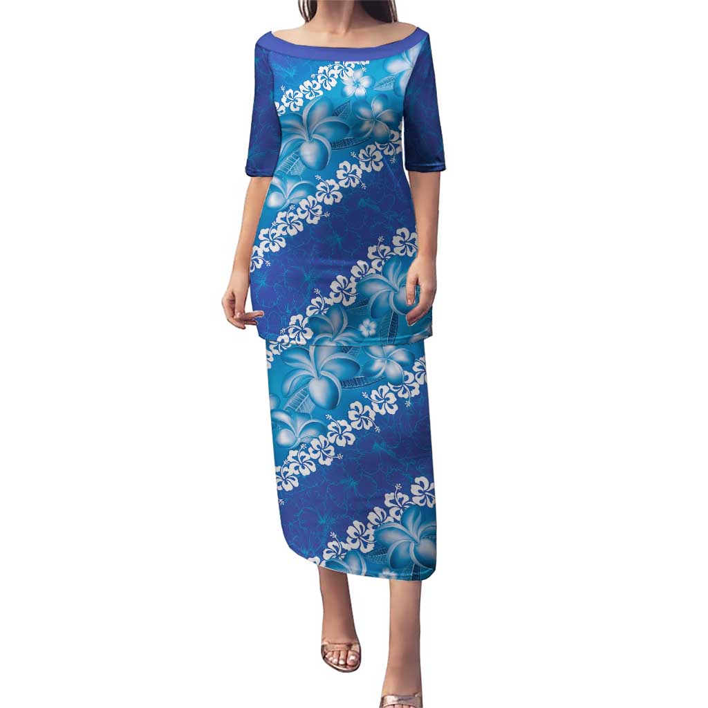 Vintage Blue Polynesia Puletasi Plumeria With Hibiscus Tropical Vibes