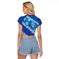 Vintage Blue Polynesia Raglan Cropped T Shirt Plumeria With Hibiscus Tropical Vibes