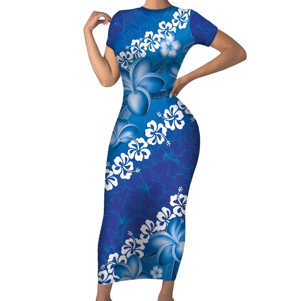 Vintage Blue Polynesia Short Sleeve Bodycon Dress Plumeria With Hibiscus Tropical Vibes LT14 Long Dress Blue - Polynesian Pride