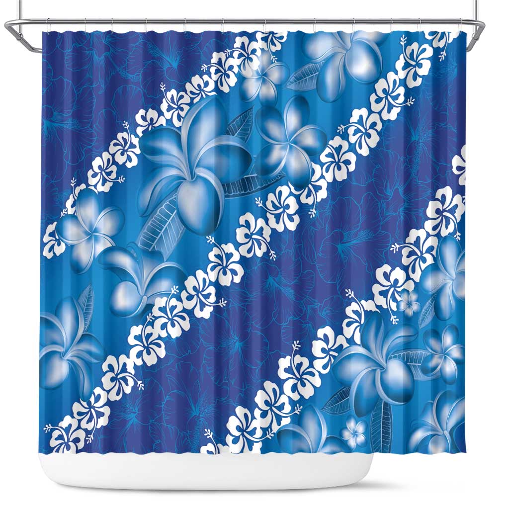 Vintage Blue Polynesia Shower Curtain Plumeria With Hibiscus Tropical Vibes LT14 Blue - Polynesian Pride