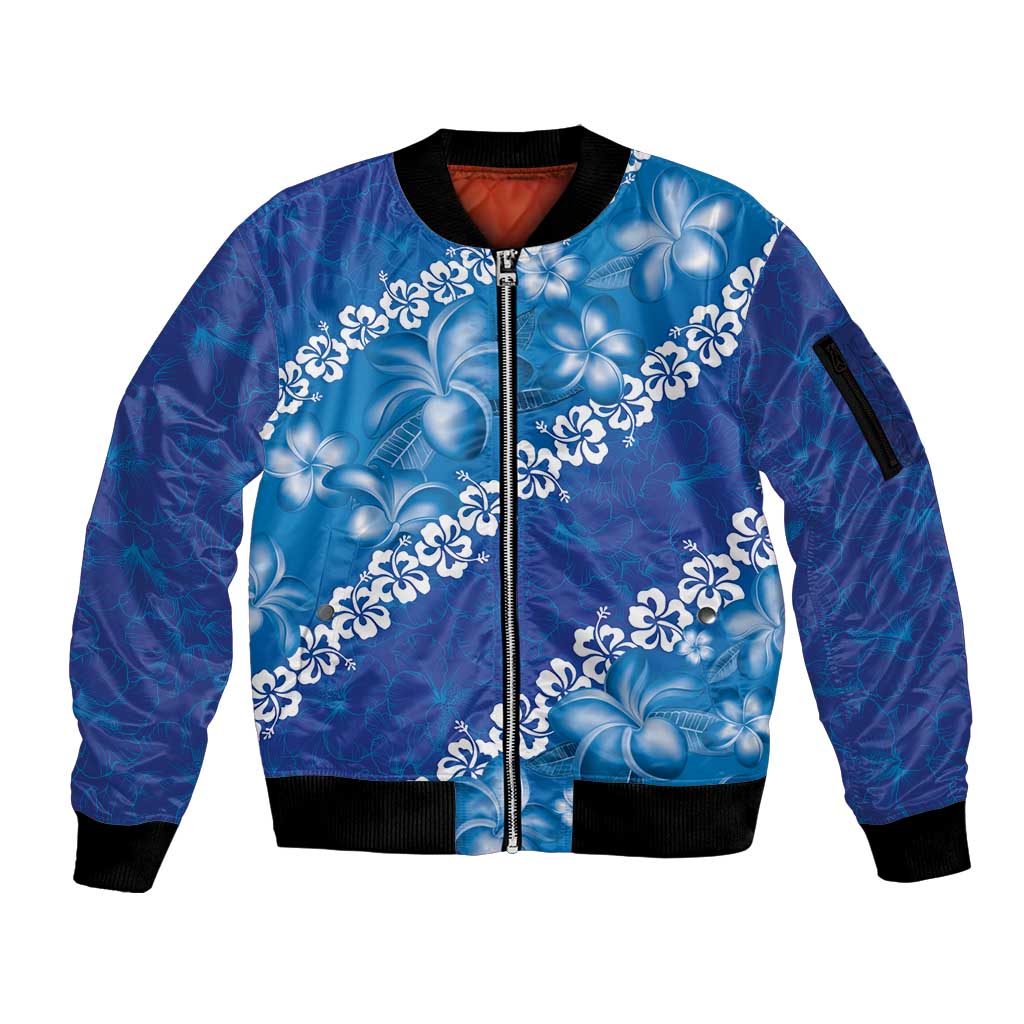 Vintage Blue Polynesia Sleeve Zip Bomber Jacket Plumeria With Hibiscus Tropical Vibes LT14 Unisex Blue - Polynesian Pride