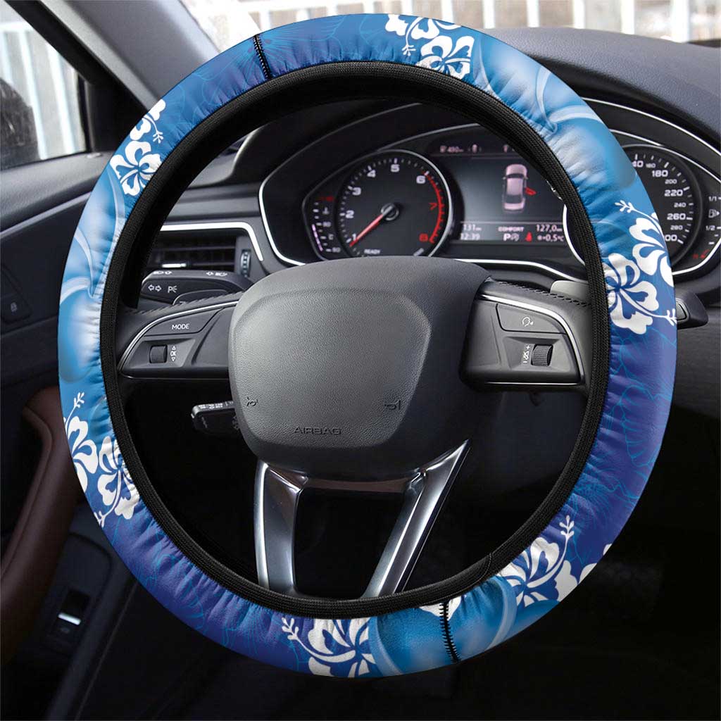 Vintage Blue Polynesia Steering Wheel Cover Plumeria With Hibiscus Tropical Vibes LT14 - Polynesian Pride