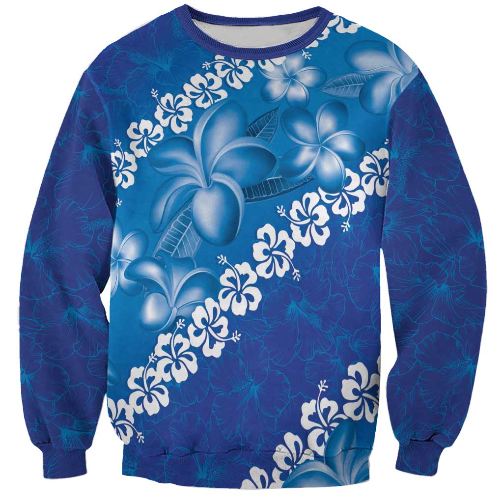 Vintage Blue Polynesia Sweatshirt Plumeria With Hibiscus Tropical Vibes