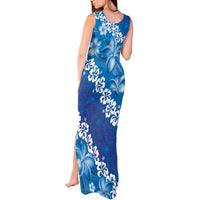 Vintage Blue Polynesia Tank Maxi Dress Plumeria With Hibiscus Tropical Vibes