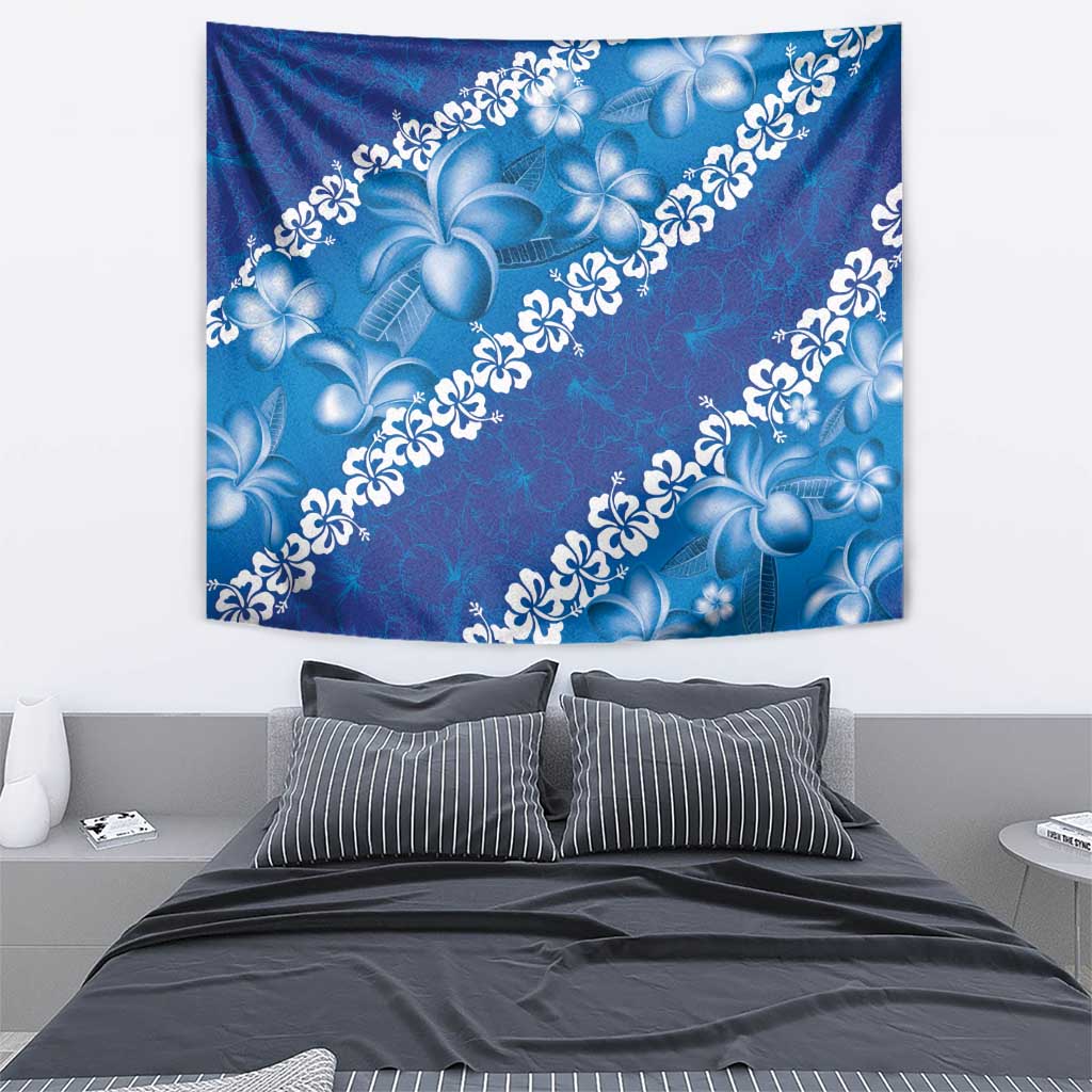 Vintage Blue Polynesia Tapestry Plumeria With Hibiscus Tropical Vibes