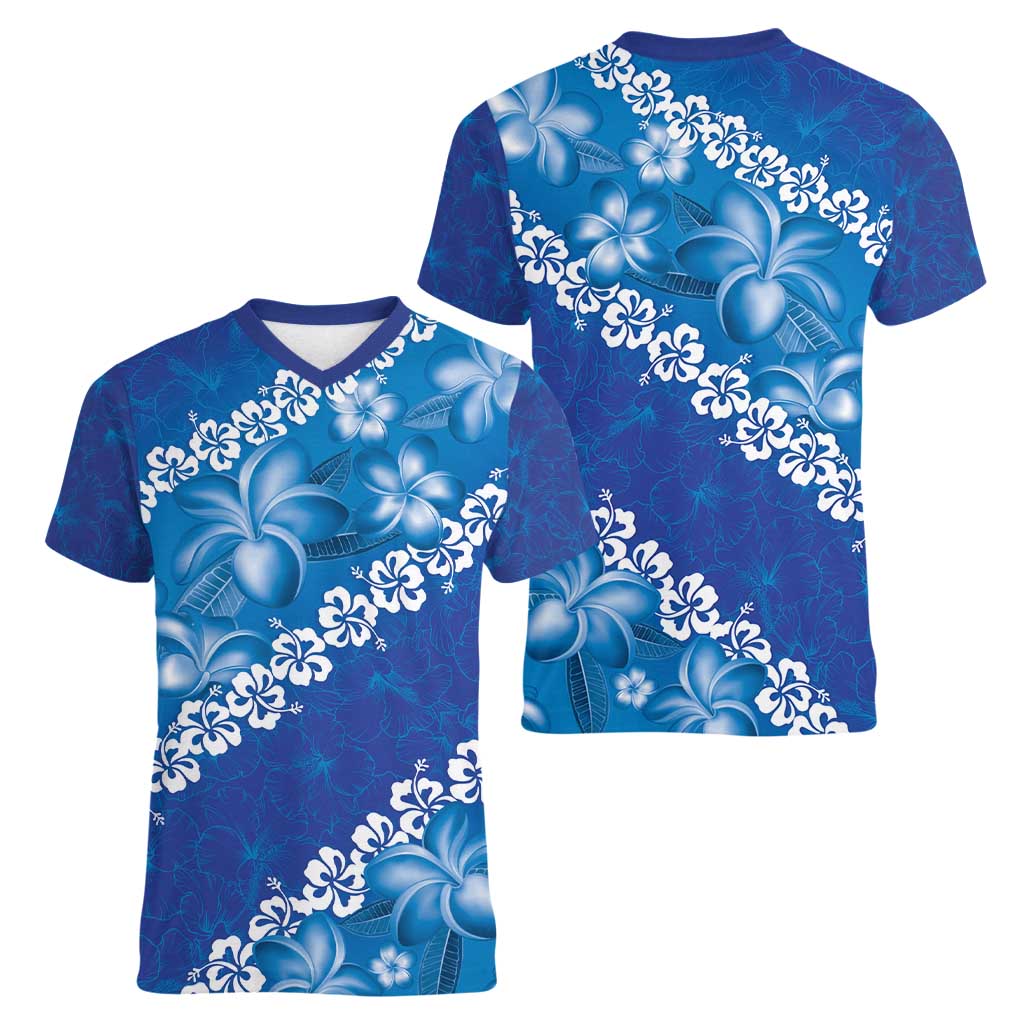 Vintage Blue Polynesia Women V-Neck T-Shirt Plumeria With Hibiscus Tropical Vibes