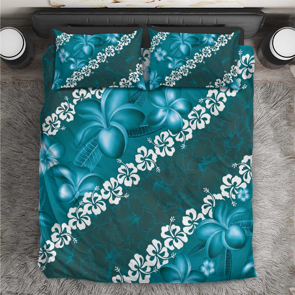 Vintage Dark Cyan Polynesia Bedding Set Plumeria With Hibiscus Tropical Vibes LT14 Dark Cyan - Polynesian Pride