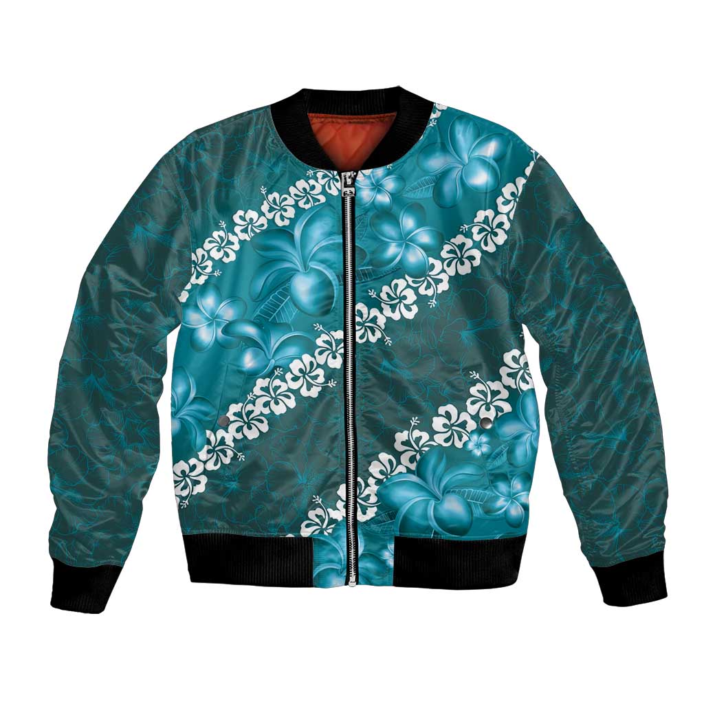 Vintage Dark Cyan Polynesia Bomber Jacket Plumeria With Hibiscus Tropical Vibes LT14 Unisex Dark Cyan - Polynesian Pride